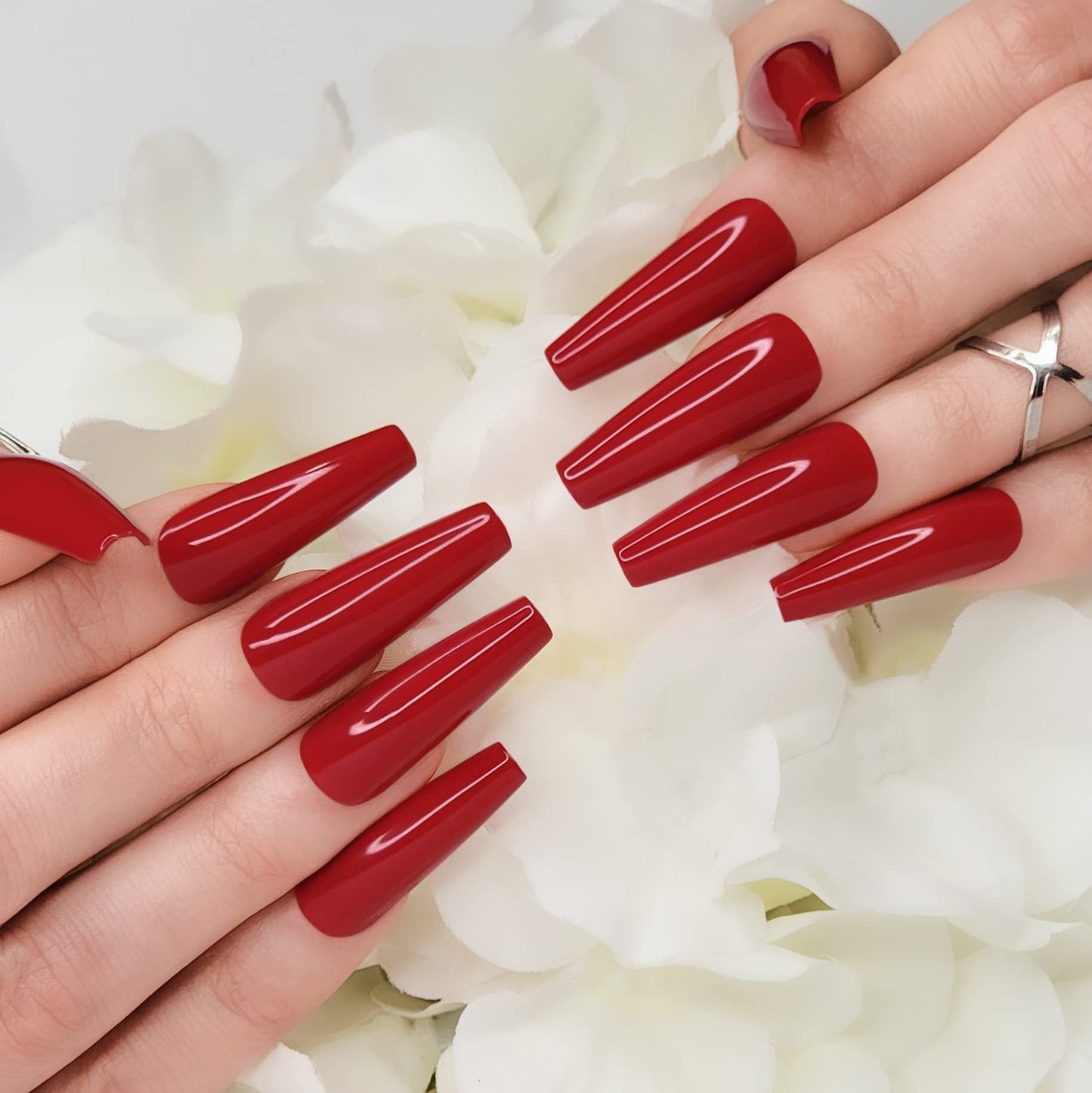 Hypnaughty 24 Pcs Passion Red Gloss Extra Long Press On Nails and Glue XL Reusable Solid Color Crimson Red False Nails (Passion)