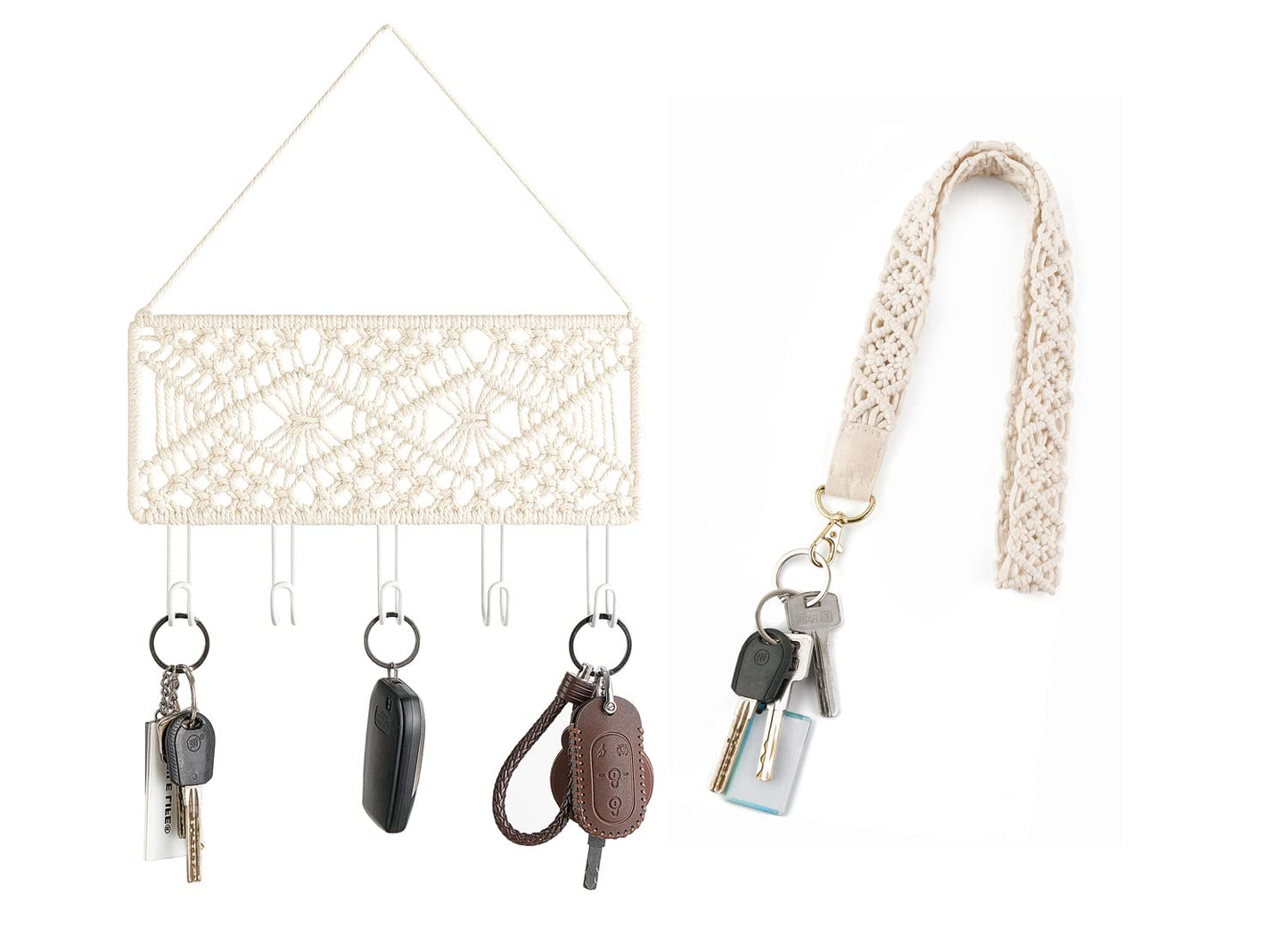 Mkono Set of 2 Boho Keys Organizer - Macrame Key Holder for Wall and Lanyard for Keys ID Badges
