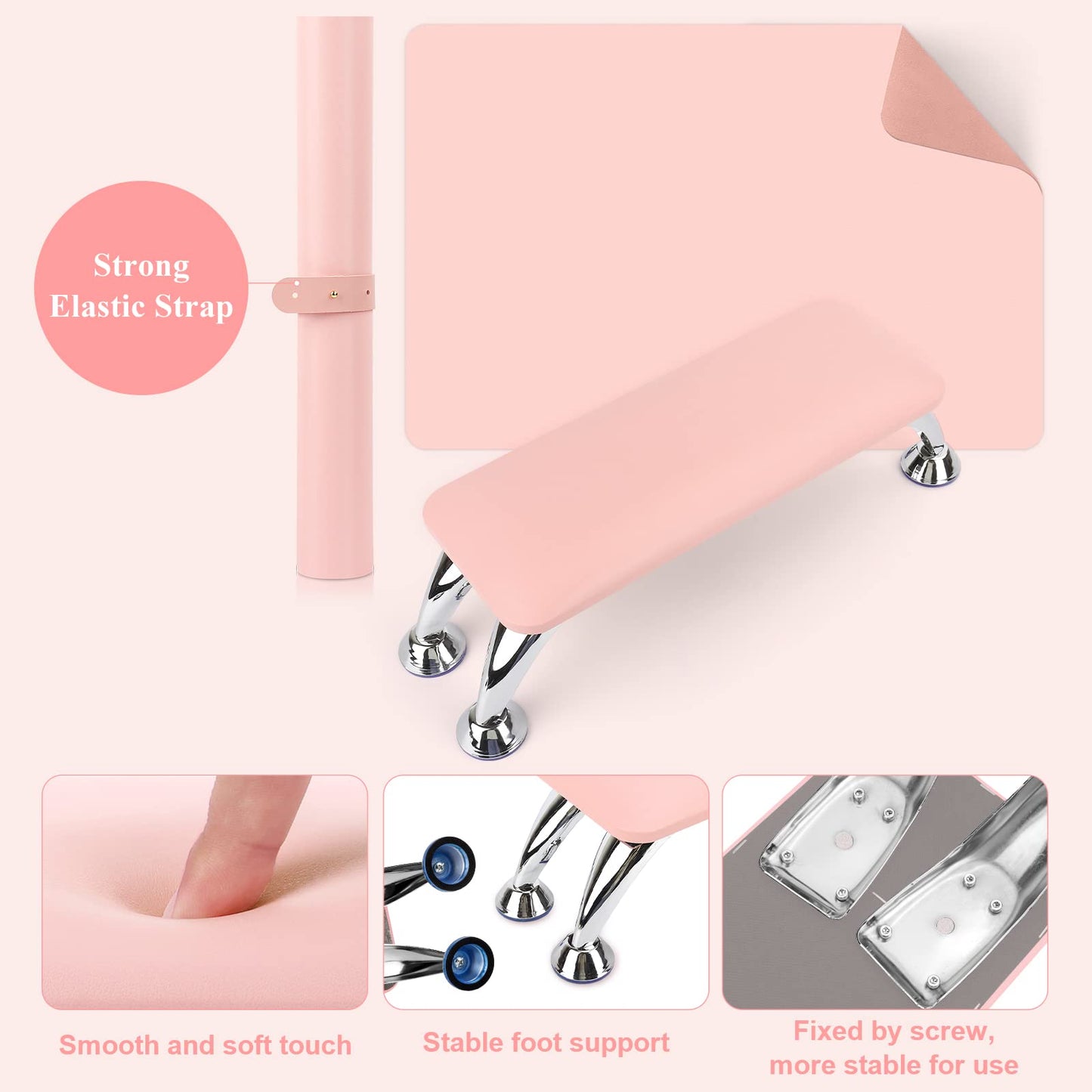 Nail Arm Rest for Acrylic Nails with Nail Table Mat, Microfiber Leather Nail Hand Rest Cushion for Nails, Soft Hand Pillow Footstool with Foldable Nail Art Hand Rest Pad for Nail Tech Use (Pink)