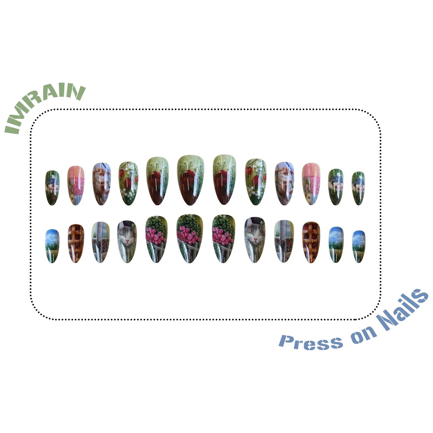 IMRAIN Press on Nails Almond Medium Fake Nails Green Acrylic False Nails Full Cover Artificial Cute Glue Stick on Nails for Women Girls 24Pcs