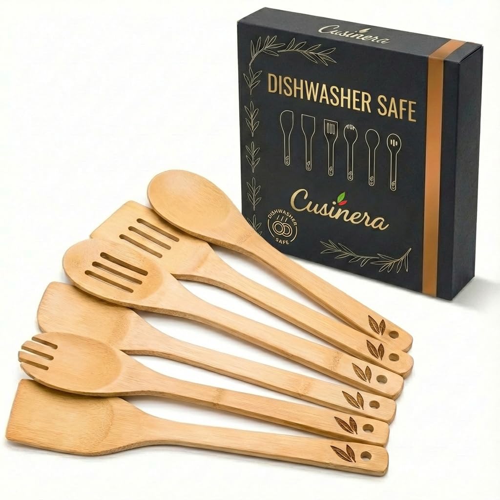 Cusinera Dishwasher Safe Bamboo Wooden Spoons for Cooking 6-Piece – Kitchen Gadgets Wooden Cooking Utensils Set – Premium Kitchen Utensils Set – Easy to Clean, Perfect for Non-Stick Cookware