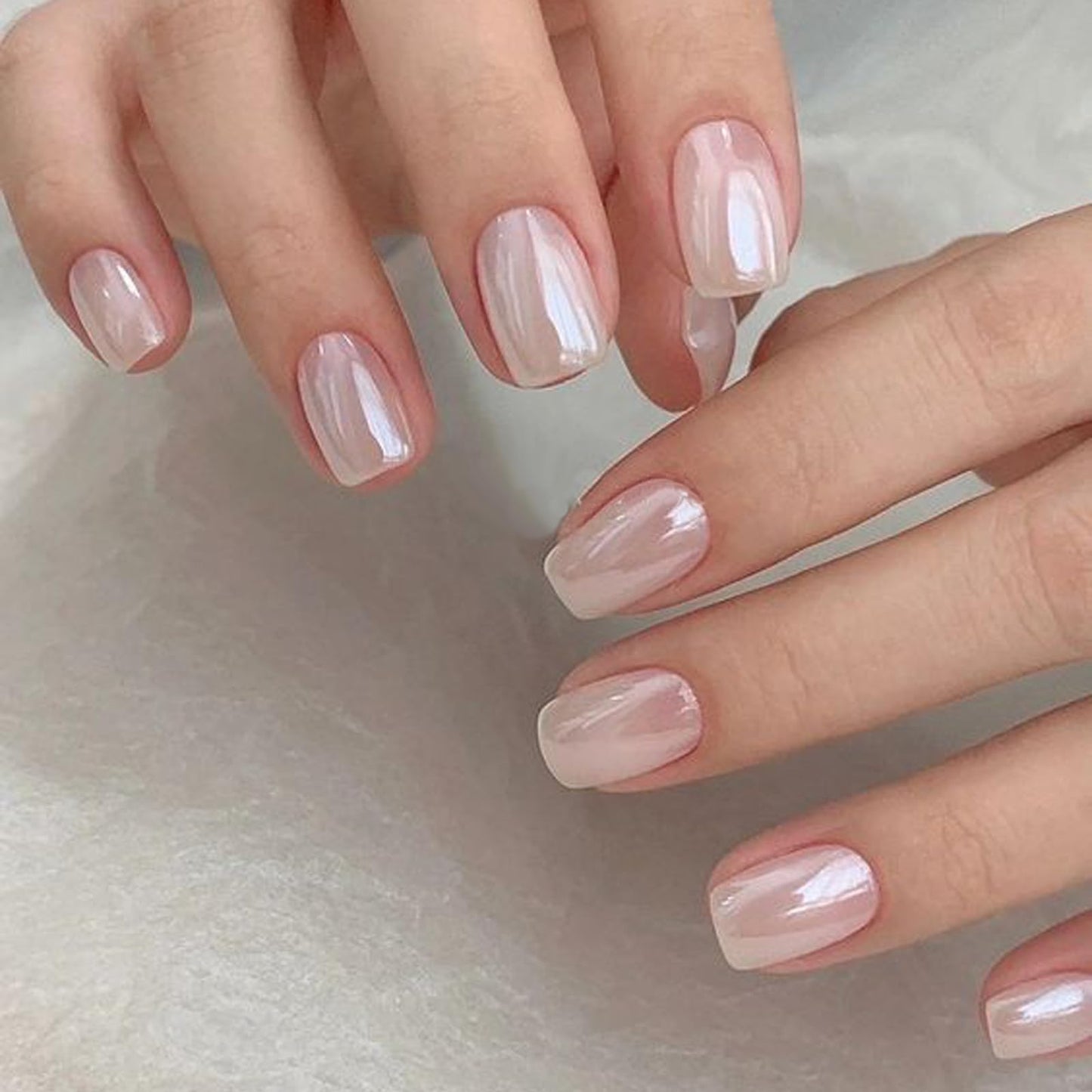 GLAMERMAID Press on Nails Extra Short Squoval, Handmade 2 Packds Pearl & Fluorescent Pink Jelly Gel Glue on Nails