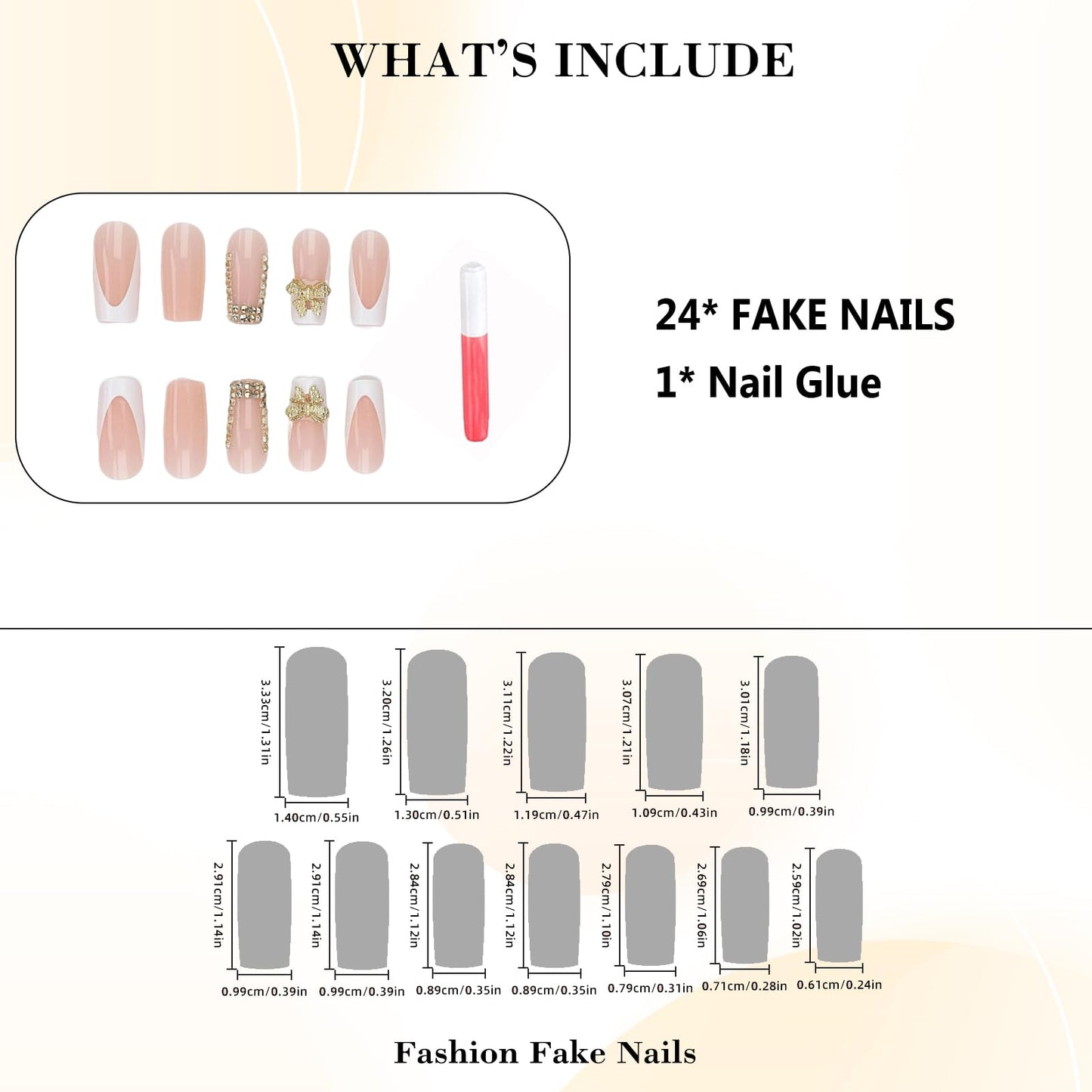 IMRAIN Long Square Press on Nails Golden French Tips Fake Nails with Rhinestone & Bow Designs Glossy Gel False Nails Artificial Stick on Nails for Women 24Pcs