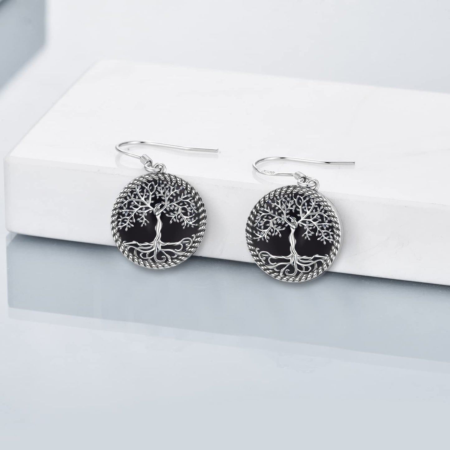 ONEFINITY Black Onyx Tree of Life Earrings Sterling Silver Tree of Life Dangle Drop Earrings Black Onyx Tree Jewelry for Women