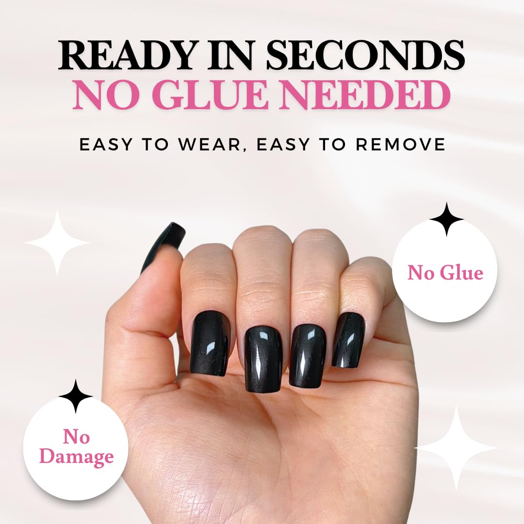 PerfectLook Press On Nails - Midnight Noir | No Glue Short Square Glossy Black Nail Tips for Party & Date Night - 24 Pcs Nail Kit with Adhesive Tabs