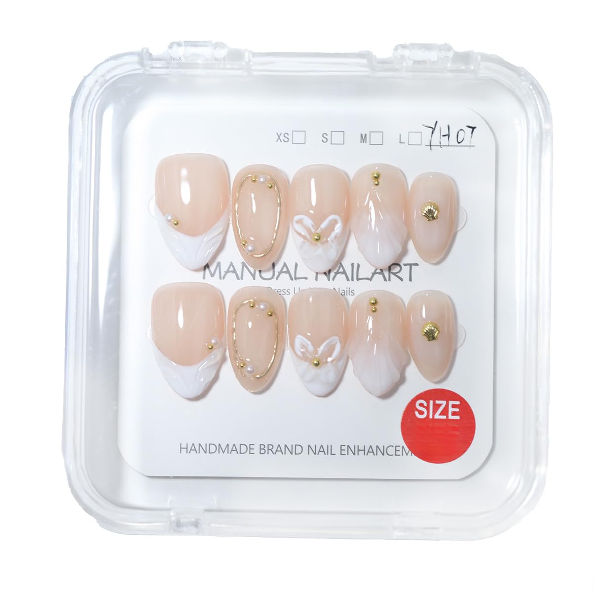 10 Pcs Short Almond Handmade Press On Nails | Nude French Tip with 3D Butterfly Floral Wave & Gold Pearl Shell Accents | Reusable, Easy to Apply & Remove, Salon-Quality Manicure (RR12, M)