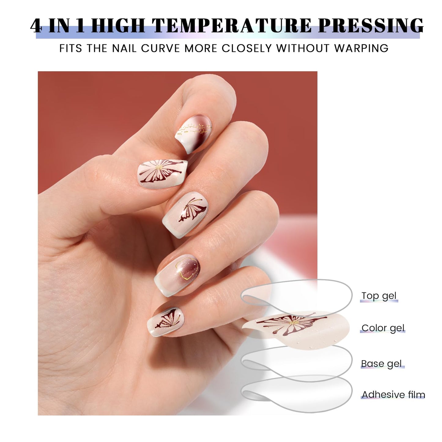 OAUEE Semi Cured Gel Nail Strips | Gel Nail Stickers with UV Light Required | Salon Quality, Easy Application and Removal（Butterfly Gilded Line）