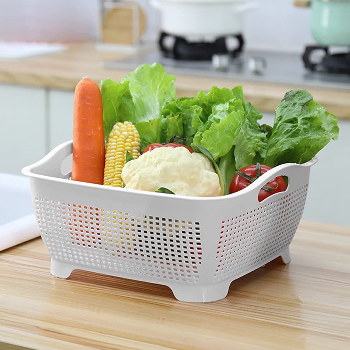 LNQ LUNIQI Double-layer Draining Basket Plastic Fruits Vegetable Washing Basket Food Storage Basket Multi-layer Stackable Vegetable Sinks Wash Drain Basket for Kitchen （Grey）