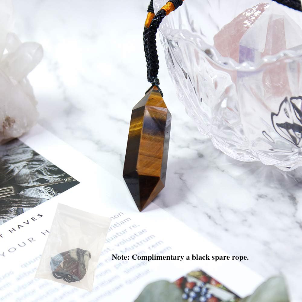 Runyangshi Tiger's Eye Healing Crystal Pendants, Double Pointed Natural Crystal Quartz Necklace 6 Faceted Chakra Crystal Wand Stone