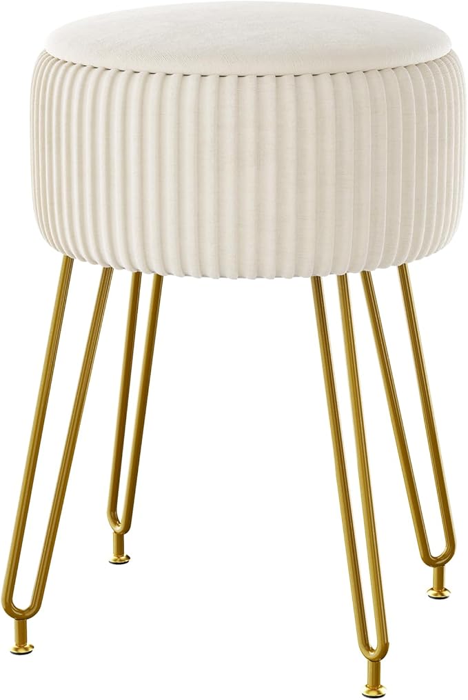 IBUYKE Velvet Storage Footrest Stool Ottoman, Makeup Vanity Stool Side Table with Golden Steel Legs Removable Cover, Coffee Table Top Cover, Creamy-White LG-20M