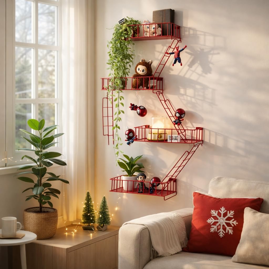 4 Tier Fire Escape Wall Shelf – New York Decorative Floating Shelf – Wall Art Ladder Shelf – Red Metal Trinket Shelves for Bedroom, Home, Office, Storage and Display