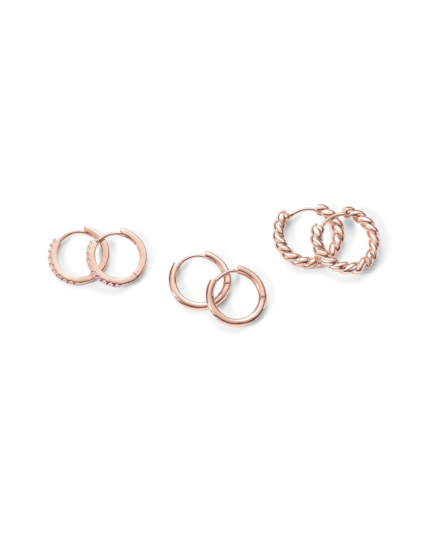 PAVOI 18K Rose Gold Plated 925 Sterling Silver Posts 3 Pairs Small Hoop Earrings for Women - Cubic Zirconia Plain Rope Huggie Pack - Lightweight Set
