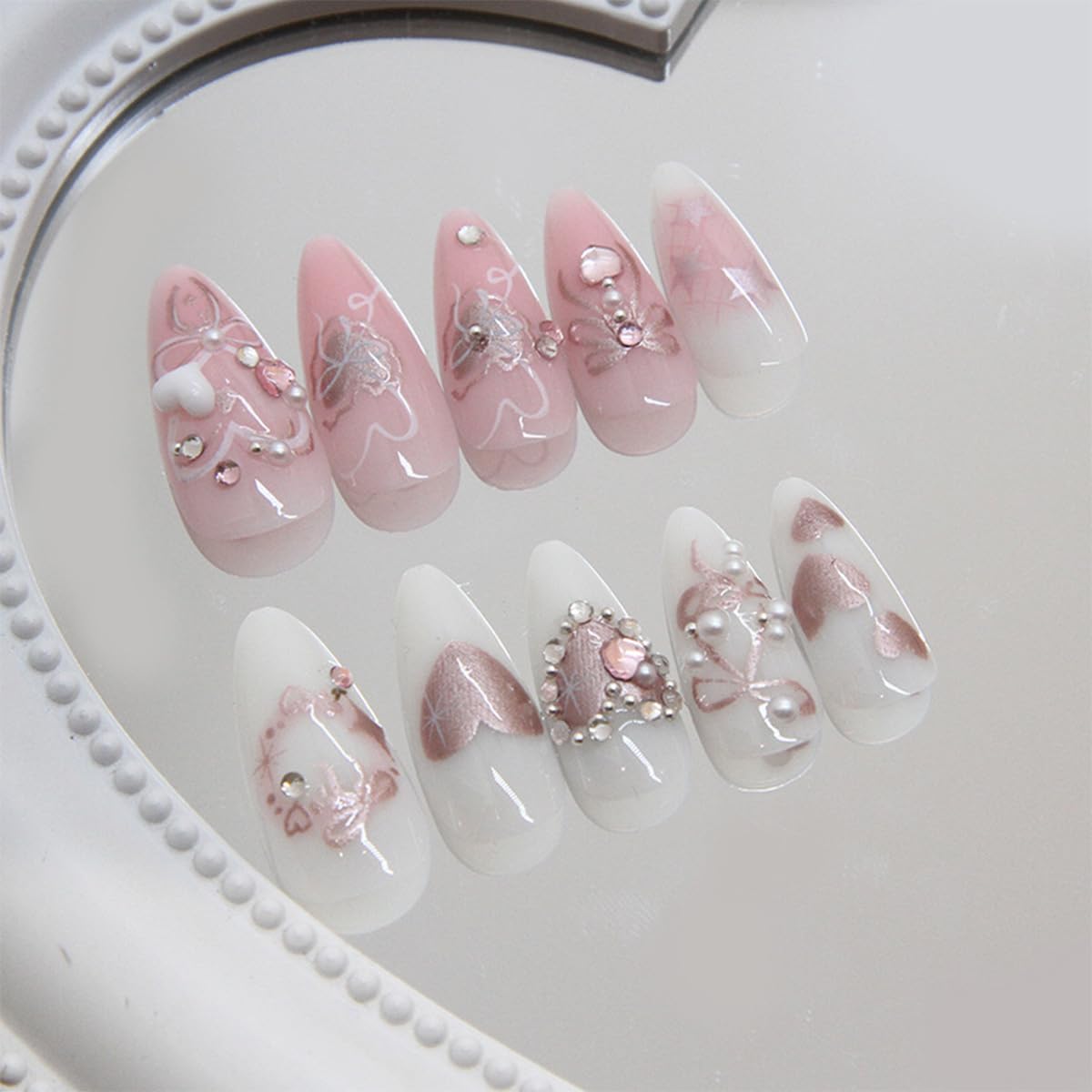24Pcs Pink Press on Nails Medium Almond Fake Nails with 3D Heart Pearl Bow Rhinestones Designs Cute Glue on Nail Romantic Valentines False Nails Glossy Acrylic Full Cover Stick on Nail for Women