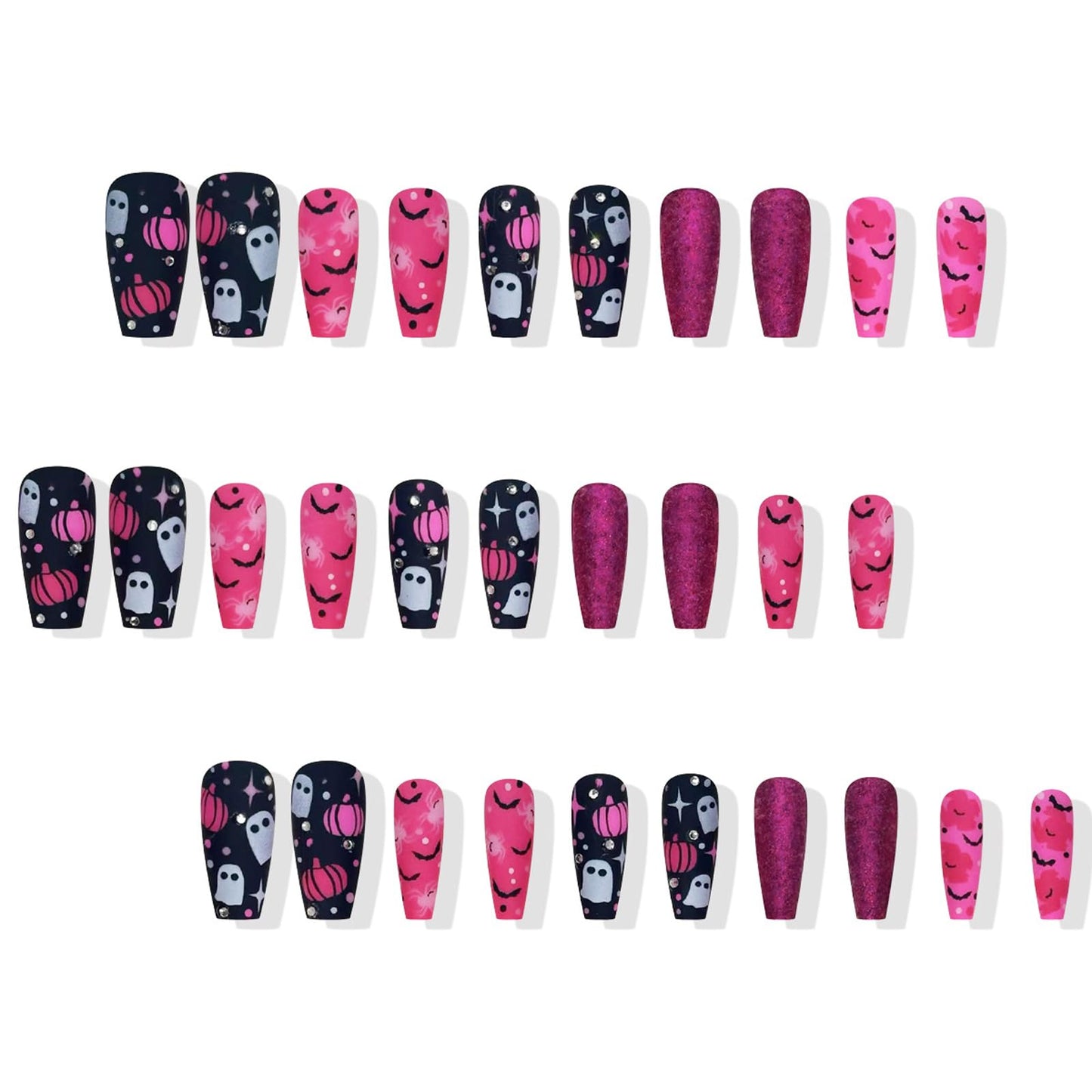 IMSOHOT Press on Nails - Pink Black, Long Coffin Fake Nails with Ghost, Bat, Spider Designs Full Cover Glue on Nails Cute Glitter Ballerina False Nails for Women Nail Decoration