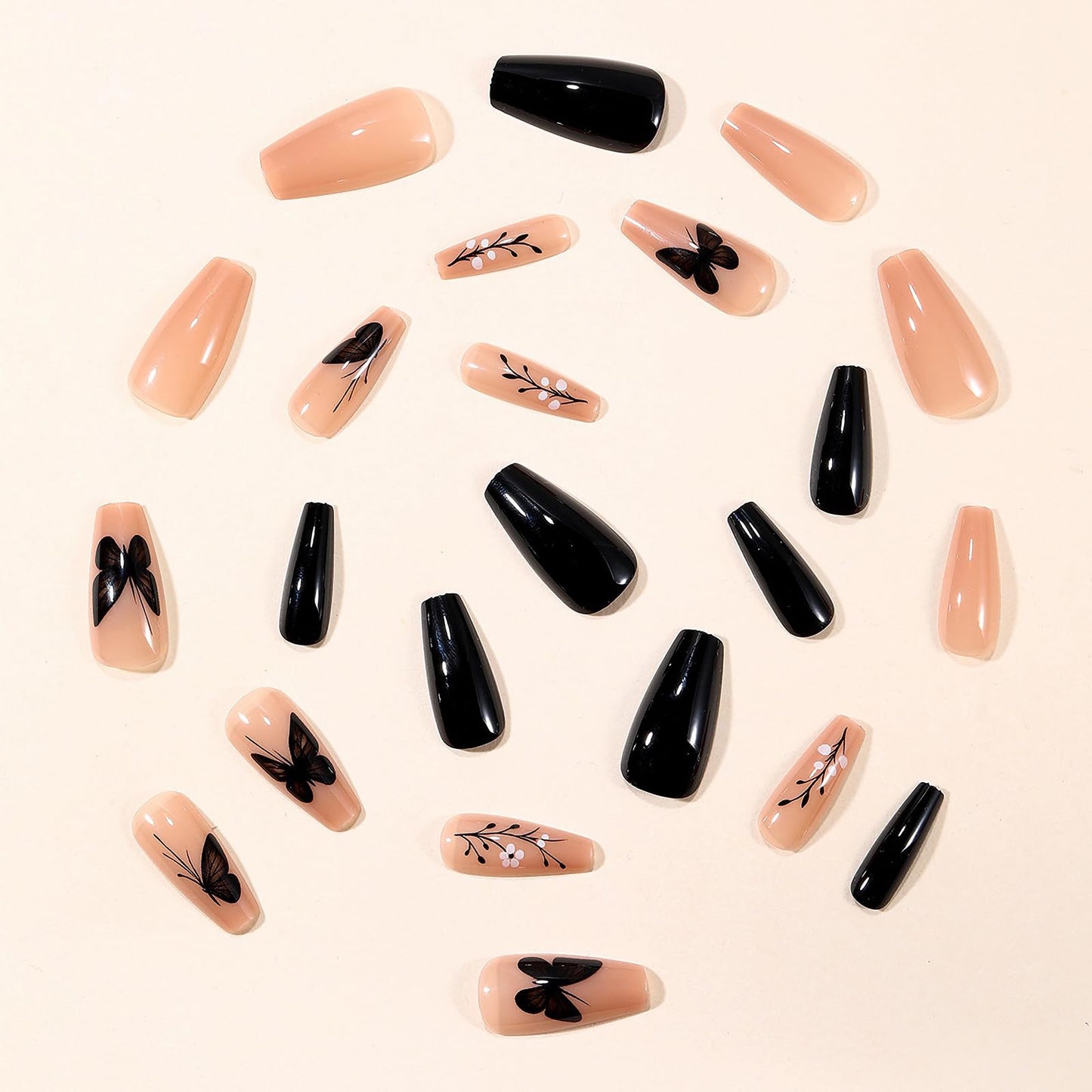 MISUD Press on Nails - Long Coffin Fake Nails with Black Butterfly, Acrylic Nude Design 24 pcs