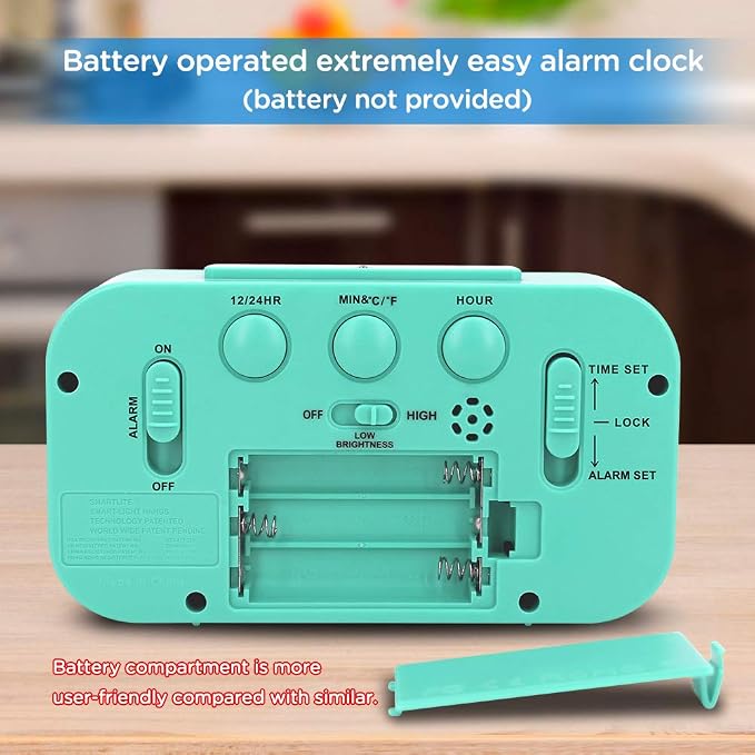 Peakeep Night Light Digital Alarm Clock Battery Operated Indoor Temperature | Small Cordless Cute Clock for Bedroom Desk Travel, Simple to Use for Teens Kids (Mint)