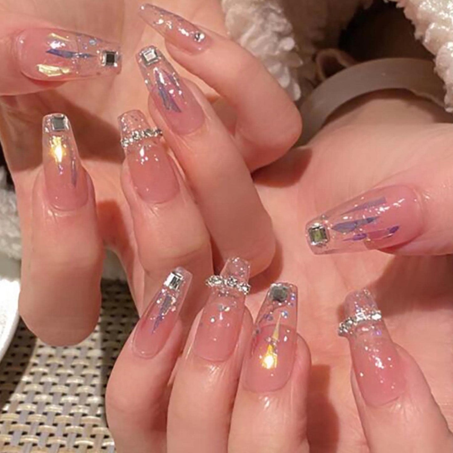 DANMANR Long Press on Nails Square French Fake Nails Full Cover Nude Acrylic False Nails for Women and Girls 24PCS (Multicolor Medium Coffin)