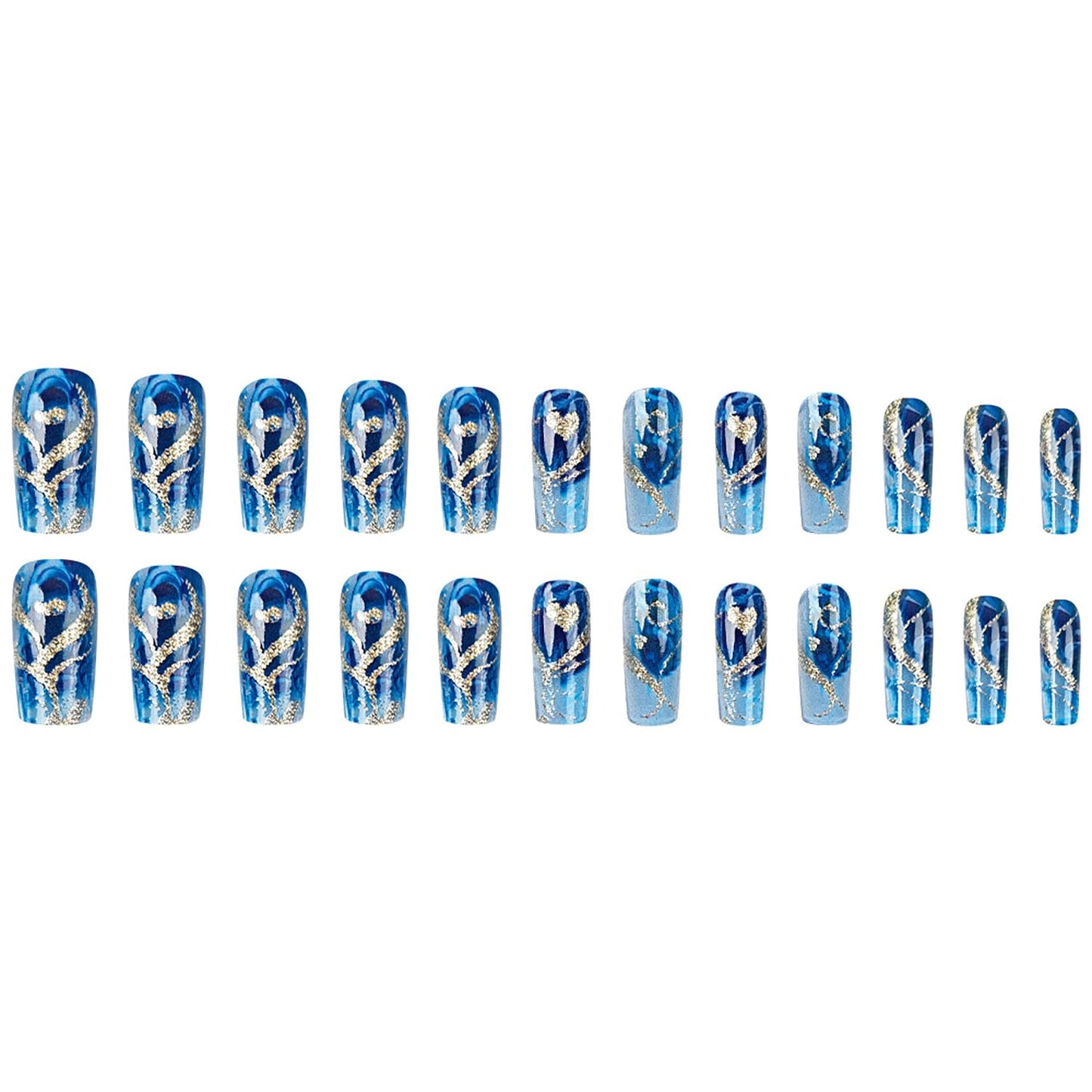 24Pcs Medium Press On Nails Square Fake Nails Press Ons With Glitter Heart Swirl Design Blue False Nails Full Cover Glossy Stick On Nails Reusable Acrylic Glue On Nails For Women Manicure Decor