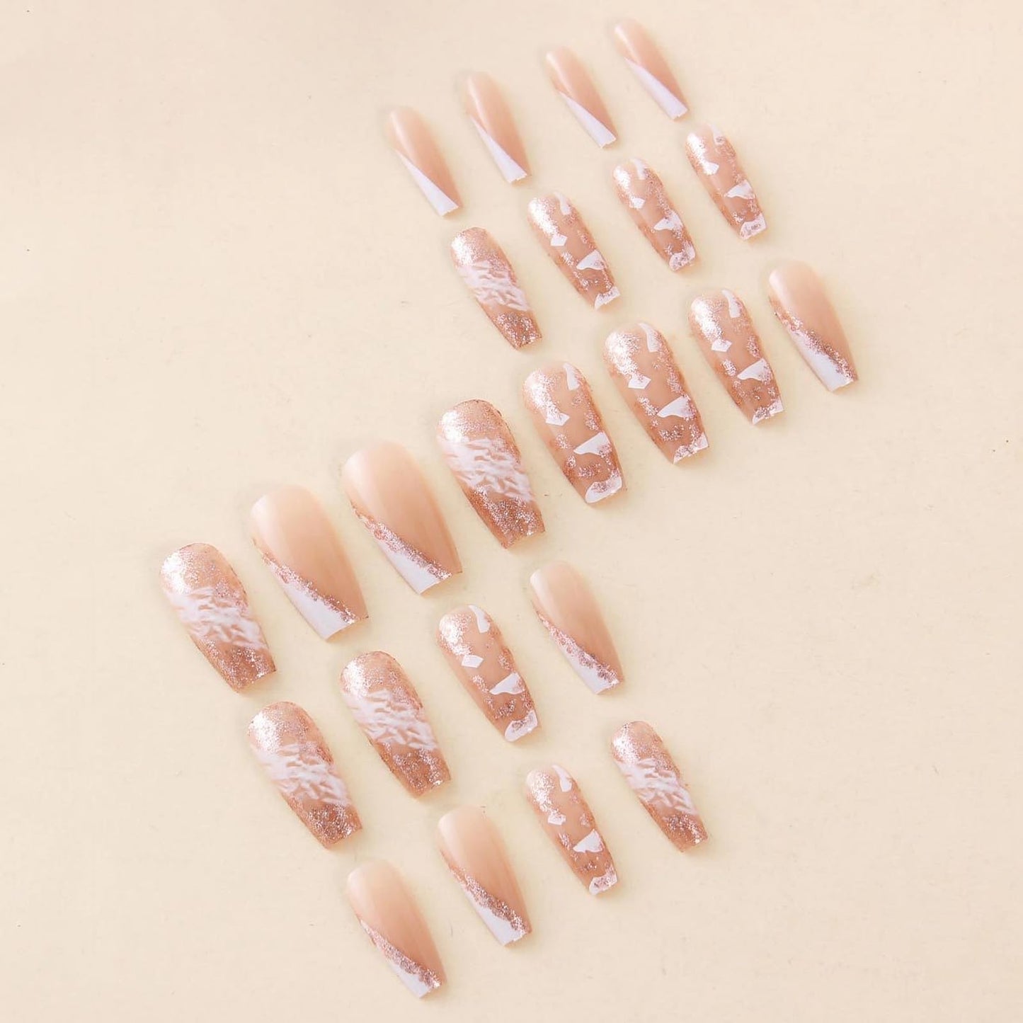 MISUD Press on Nails - Long Coffin Fake Nails with White Ombre, Acrylic Bling Glitter Design 24 pcs