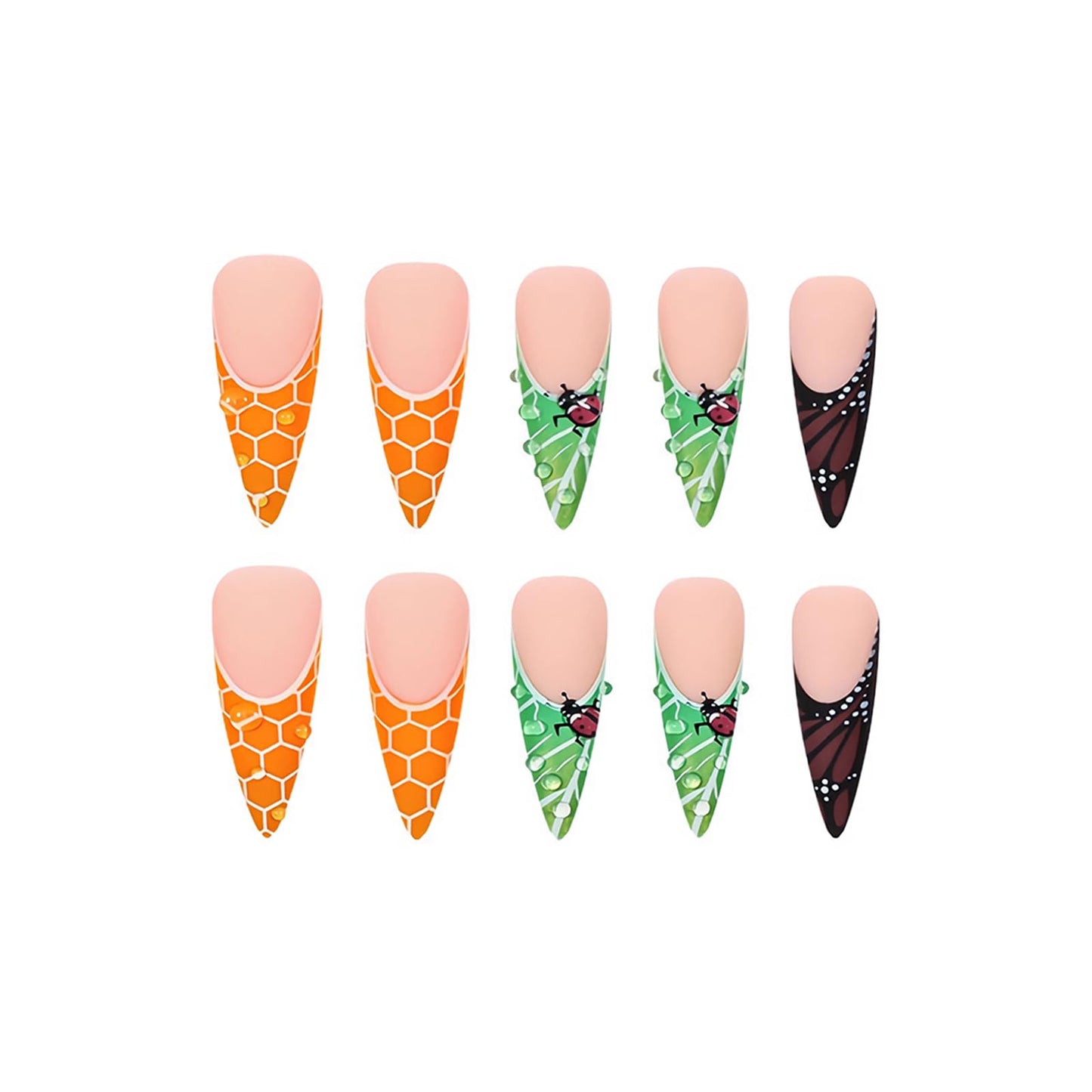 MISUD Press on Nails - Long Stiletto Fake Nails with Matte Orange Green French Tip, Acrylic Butterfly Ladybug Design 24 pcs