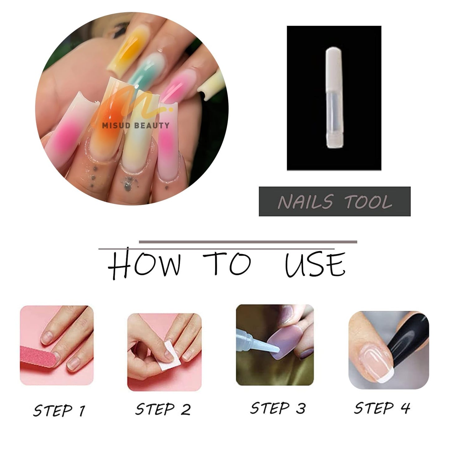 MISUD Press on Nails - Long Square Fake Nails with Summer Colorful, Acrylic Rainbow Ombre Design 24 pcs