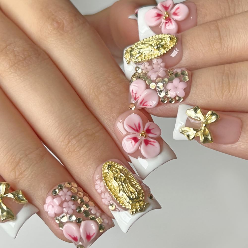 Press On Nails Handmade Short Duck Nails, Glossy Art Designs Reusable Acrylic Artificial Stick On Nails, 10 Pcs False Nails Set (Size M)
