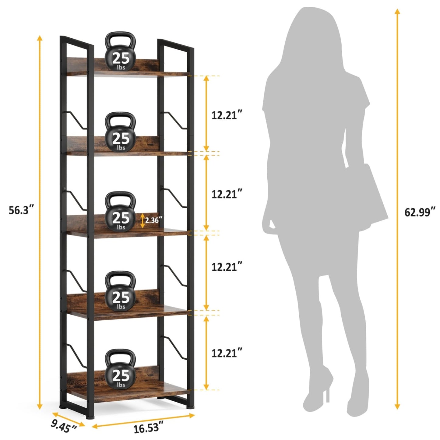 Hosfais 5 Tier Tall Bookshelf: Industrial Wood Book Shelf with Edge Protection Metal Narrow Bookshelf Bookcase Storage Organizer Display Rack for Living Room Home Office (Rustic Brown)
