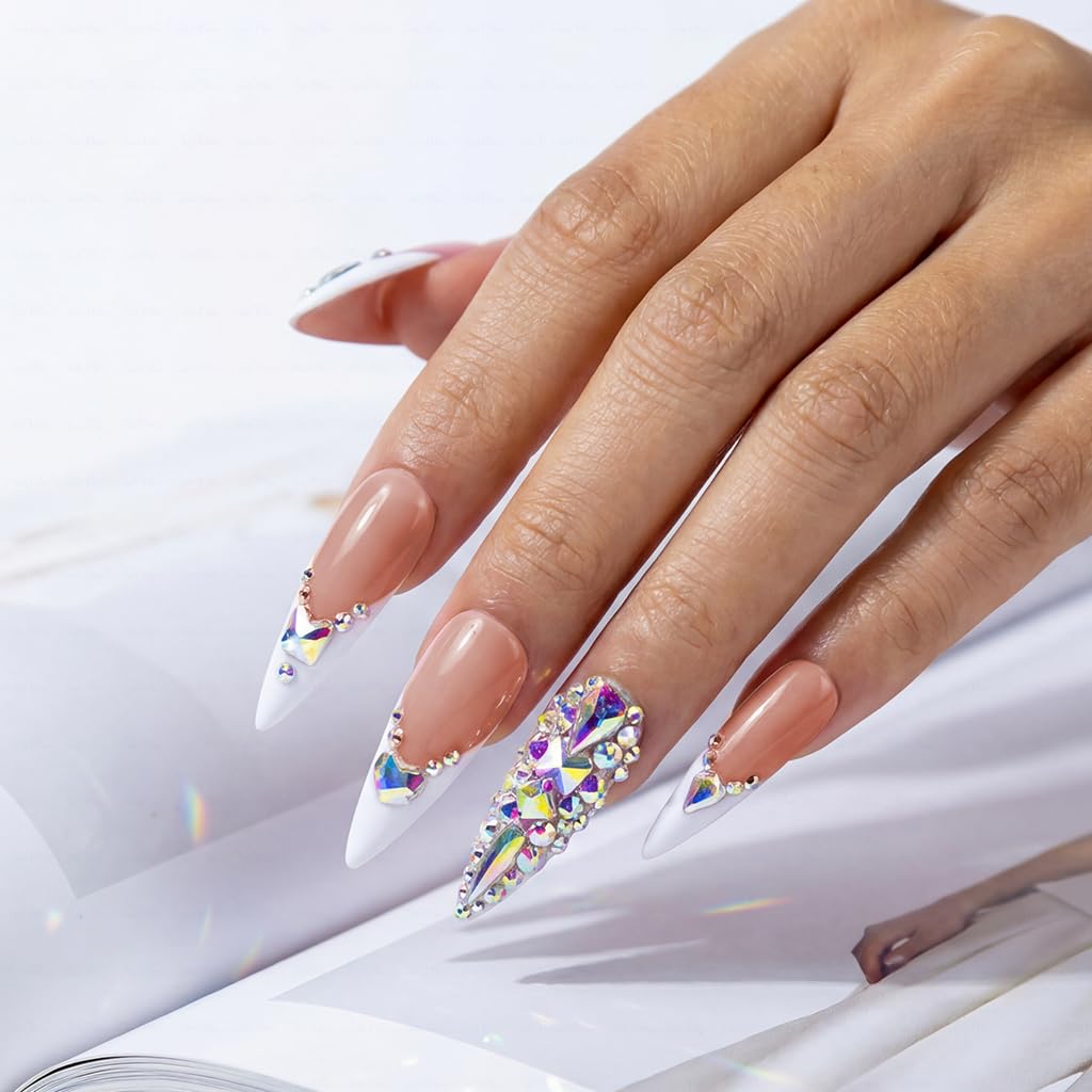 IntoVibes 10 Pieces Handmade Long Almond Press On Nails, White Thickened French False Nails With Rhinestone Decorate, Reusable Fake Nails Almond, Reusable Acrylic Nails (S)