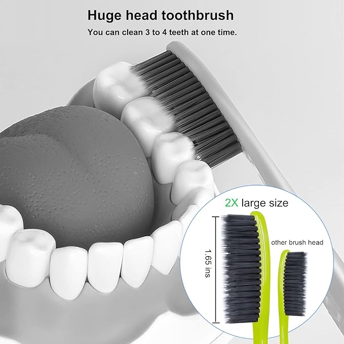 EasyHonor Huge Head Toothbrush, with Medium Soft Britles for Adult. (Charcoal Bristles,8 Packs)