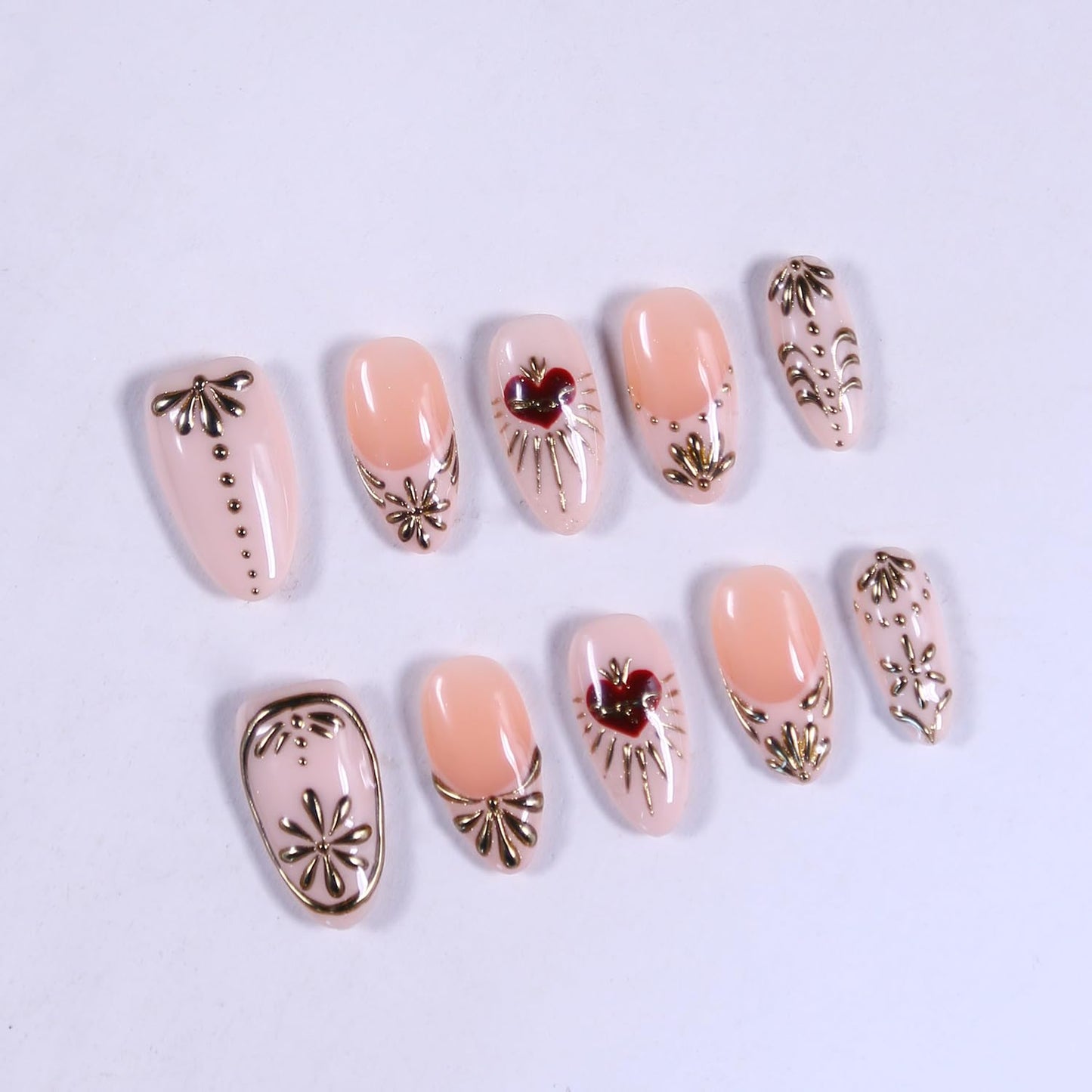 Oval Press On Nails - Medium Length Almond Handmade Unique Fake Nails, Short Thick Acrylic and Muti-Layer Gel False Nails, Valentine's Day press ons (Size S)