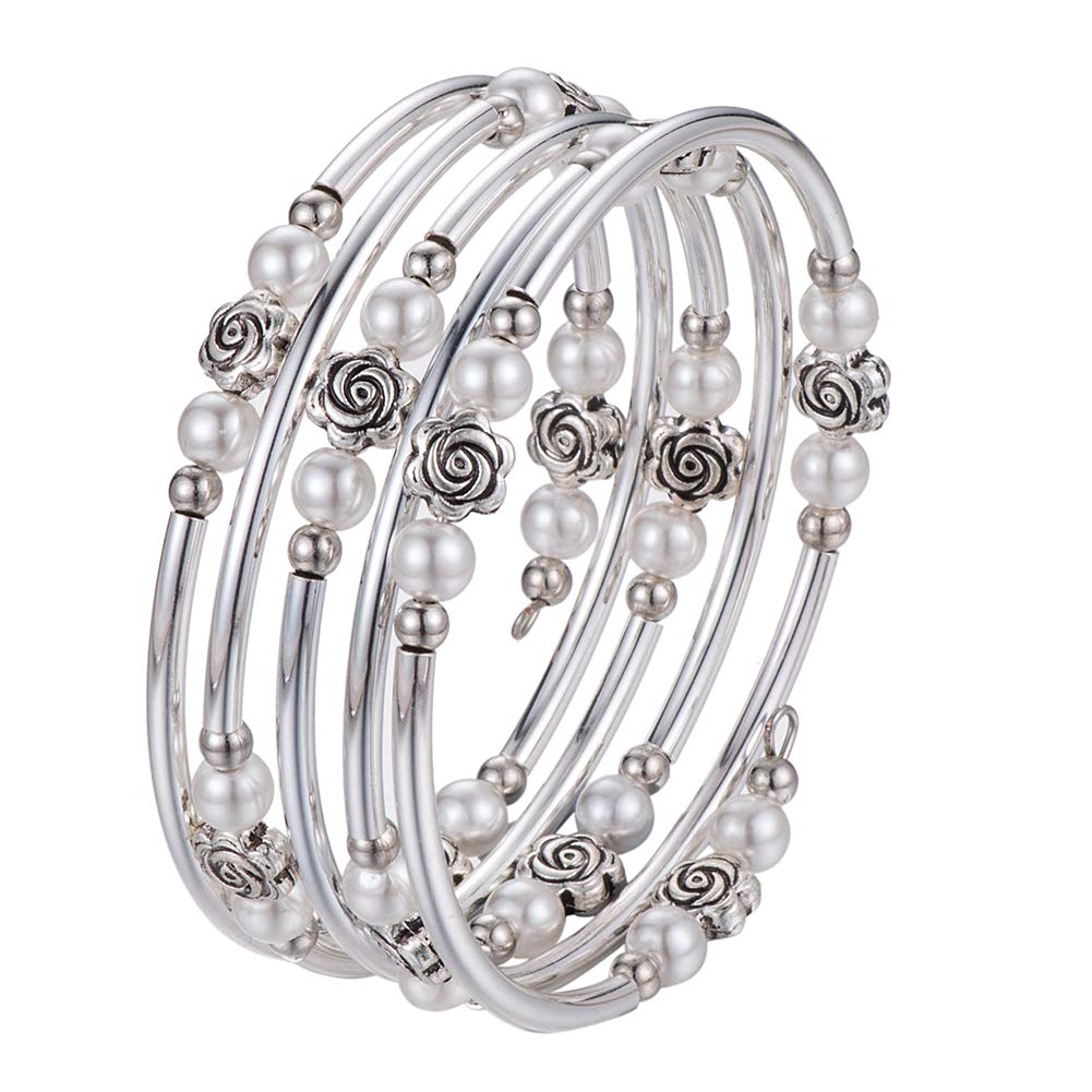 BULINLIN Wrap Bangle Rose Bead Bracelet - Beaded Bracelet with Natural Agate Stone Gifts For Women(01-White pearl)
