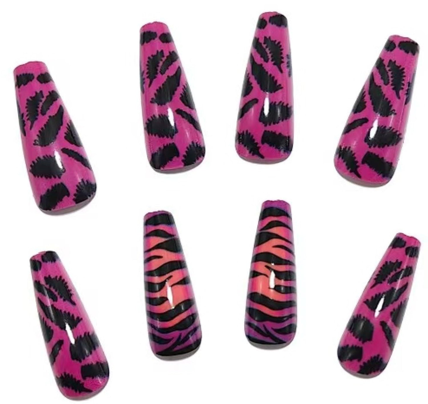 Chunmeng 24PCS Long Press on Nails, Purple Pink Tiger Pattern Acrylic False Nails, Cute Reusable Artificial Nails for Women & Girls