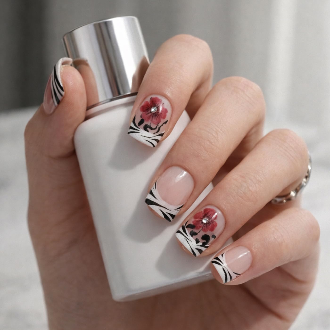 Goolich Zebra Print French Tip Press On Nails Short Square, Floral Nails Press ons Set with Adhesive Tabs, 24 Pcs 12 Size Reusable Full Cover Glue on Nails for Women