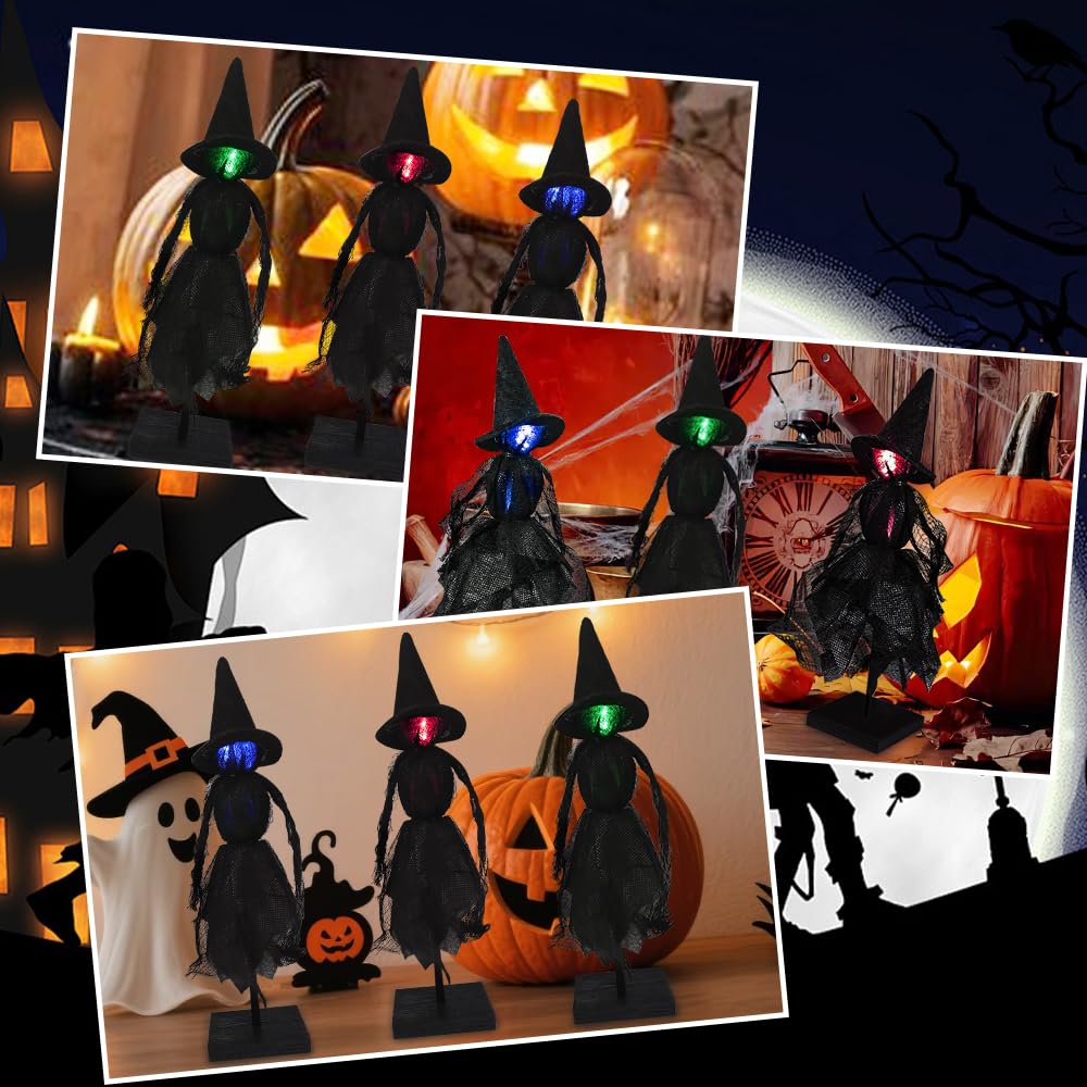 DIYDEC Witch Indoor Decorations 3pcs Halloween Witch on Wooden Stand With Light Up Halloween Table Centerpieces Signs for Home Shelf Mantels Kitchen Indoor Decorations Gifts