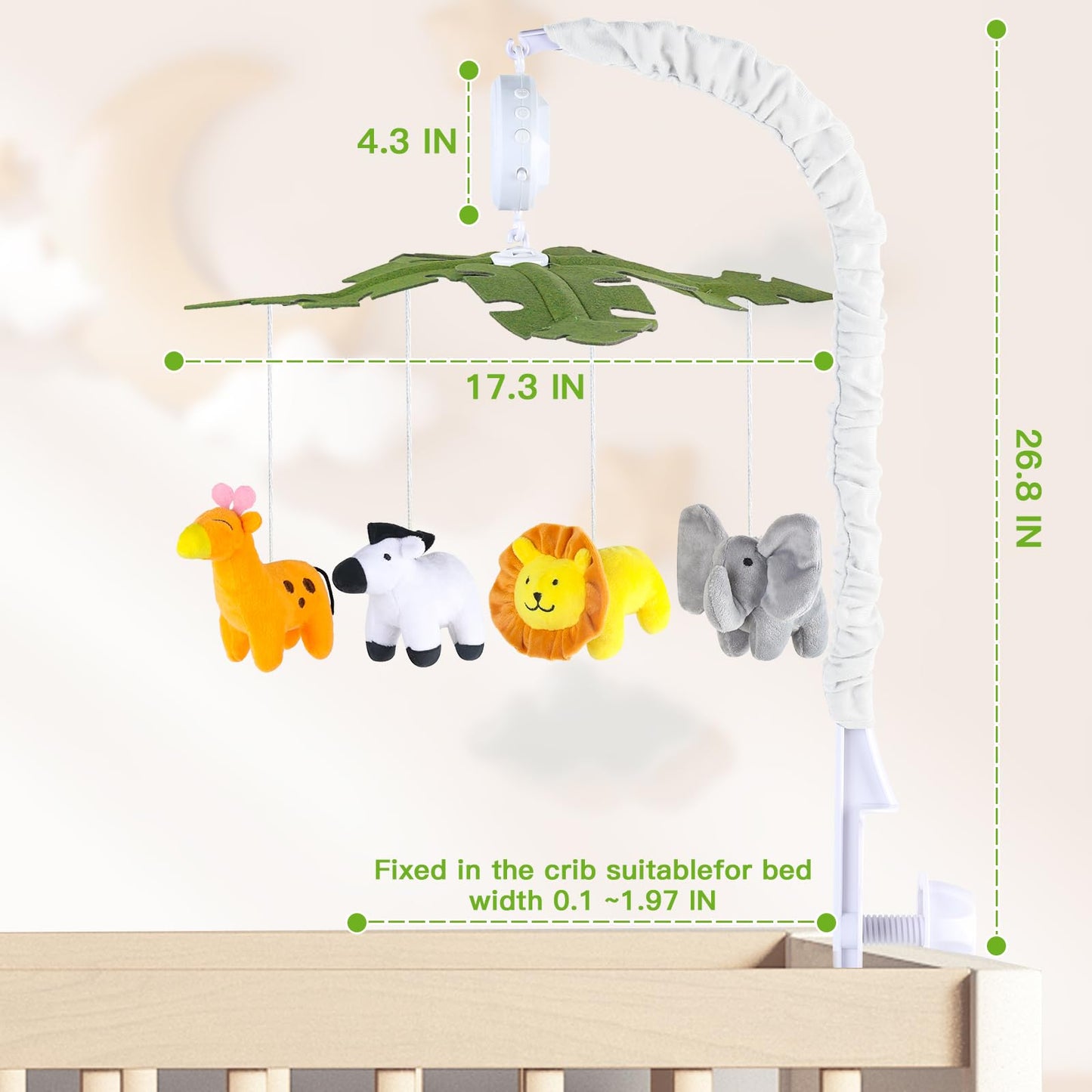 Baby Crib Mobile with Music and Lights, Mobile for Crib with Remote Control, Rotation, Starlight Projection, Crib Toys for Babies Boys Girls(Green)