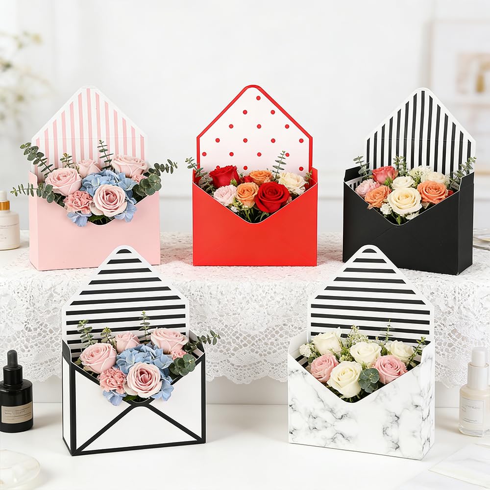 5 Pcs Flower Envelope Box, Florist Bouquet Envelope Boxes Folding Mother's Day Envelope Flower Boxes Paper Flower Bouquet Boxes for Arrangements Wedding Birthday Graduation Florists Supplies, 5 Styles