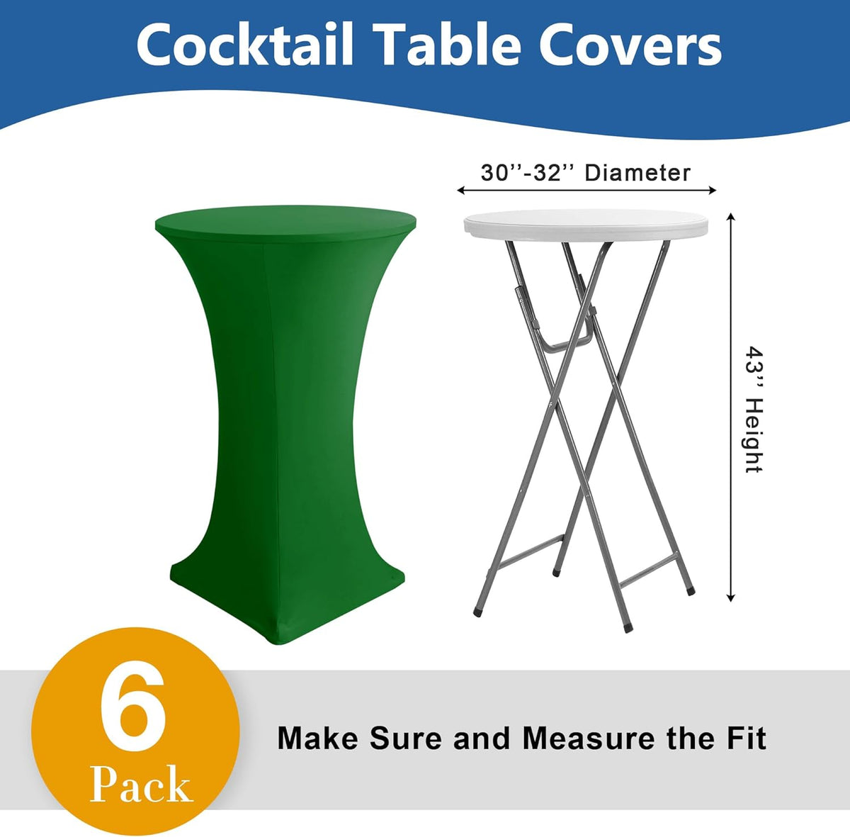 Cocktail Table Covers-Spandex Round High Top Table Cloths 6 Pack 32x43 Inch-Green Stretch Fitted Bar Tall Tablecloth for Pub Bistro Highboy Party Event Banquet Height Folding Satnding Tables