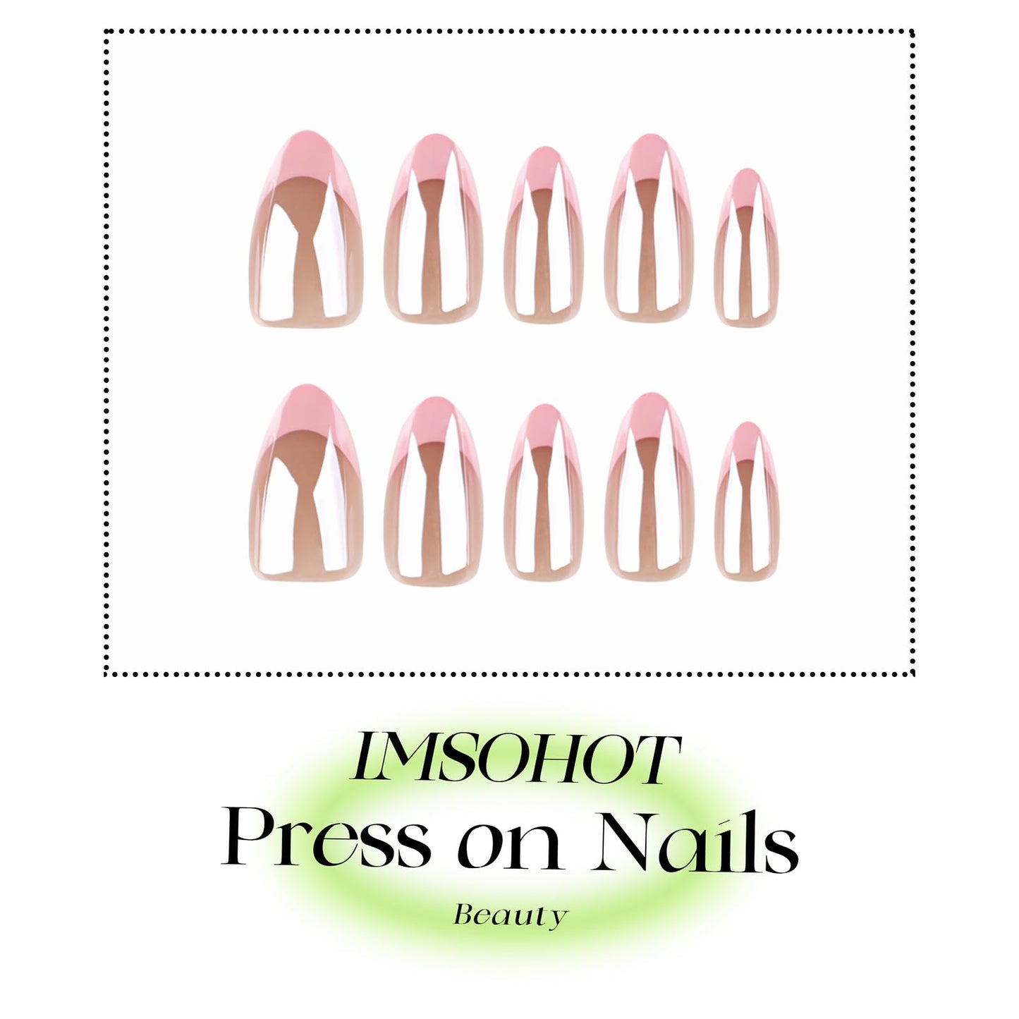 IMSOHOT Chrome Press on Nails Medium Almond Fake Nails Acrylic Pink French Tips False Nails Full Cover Glossy Nude Glue on Nails for Women 24Pcs