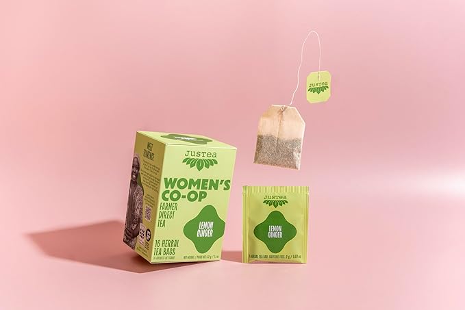 JusTea LEMON GINGER | Herbal Tea Bags, Caffeine-Free, Organic Ginger and Lemongrass Tea | Fair-Trade | Plastic-Free Tea Bags | Vegan, Sugar-Free, Gluten-Free | 16 Tea Bags