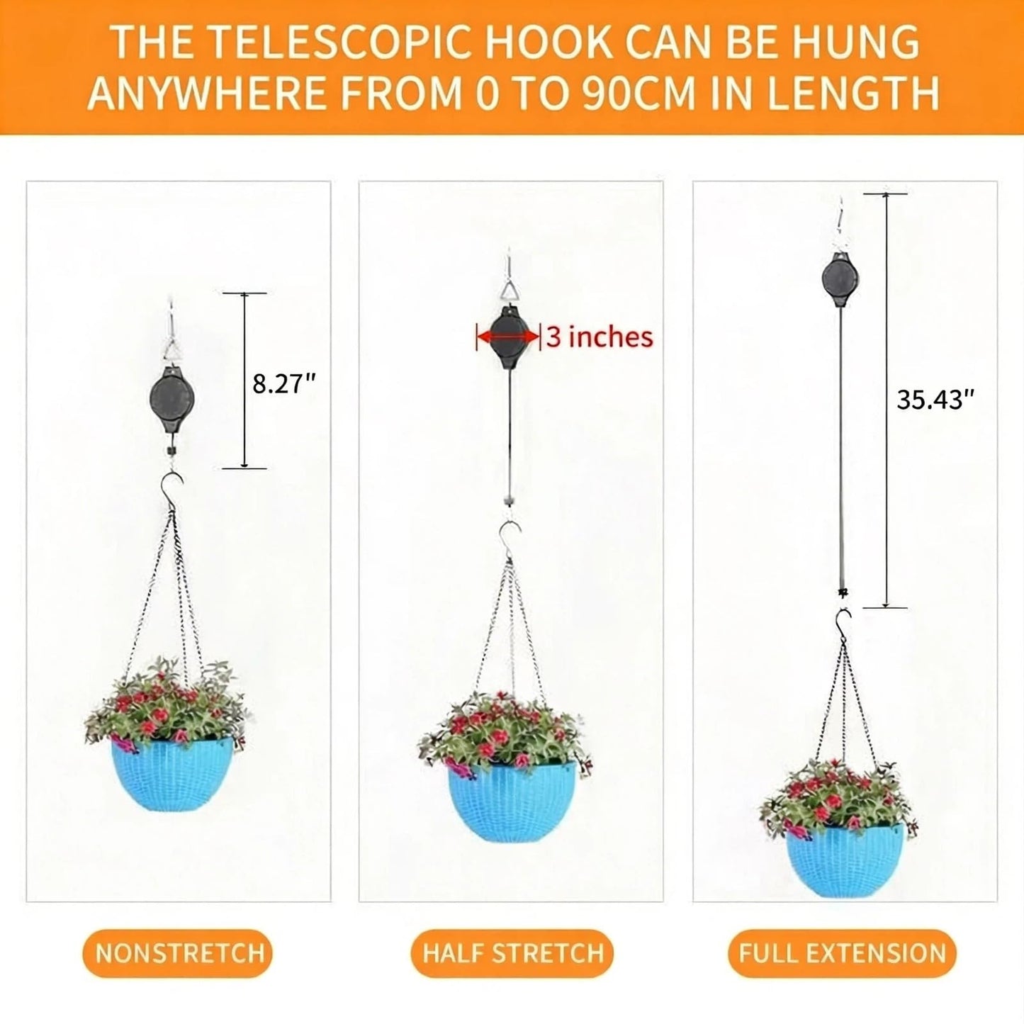 HOGXUAE 3Pack Retractable Plant Hanger Pulley System with Adjustable Rope Clips-Heavy-Duty for Indoor & Sheltered Outdoor Use(Max 15kg)