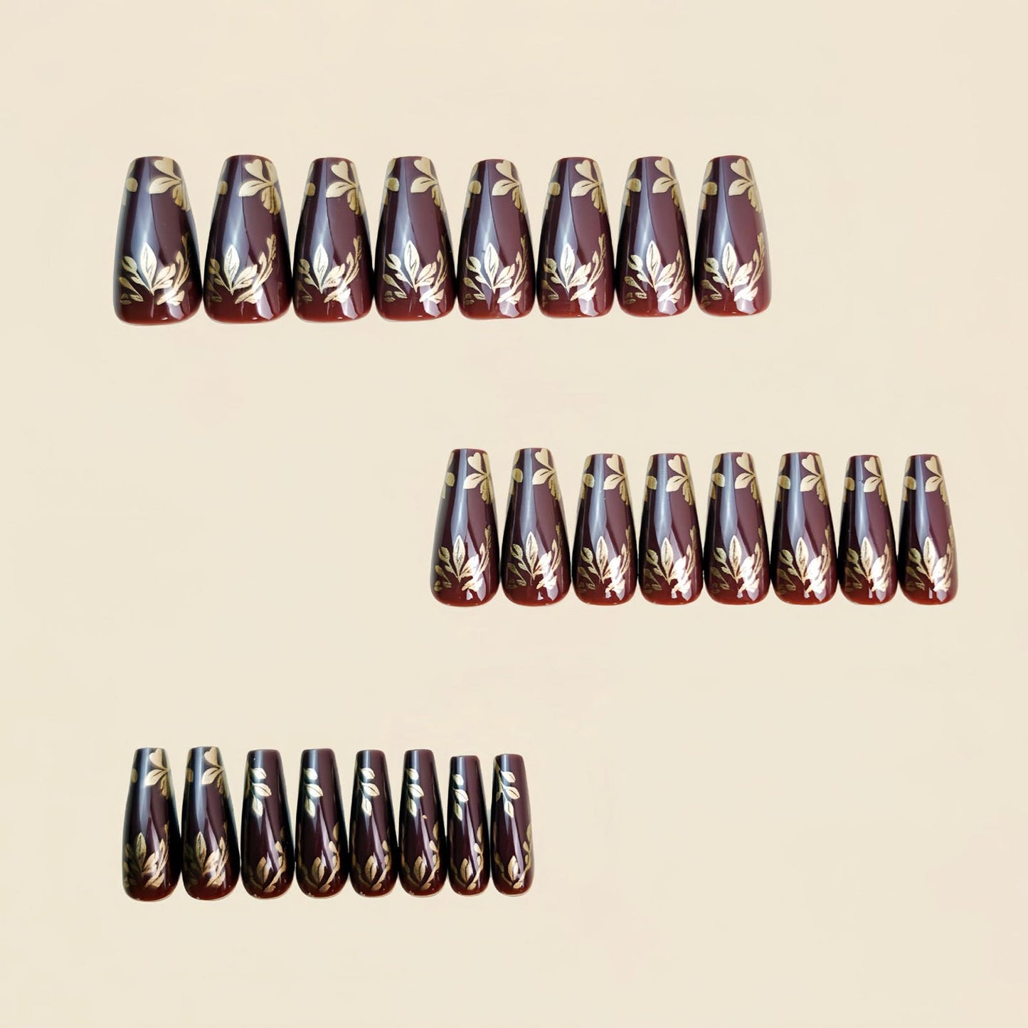 Fall Press on Nails Medium Coffin Fake Nails with Gold Leaves Designs Glossy Glue on Nails Brown Nails Press ons Autumn Acrylic Artificial Stick on Nails for Women 24Pcs