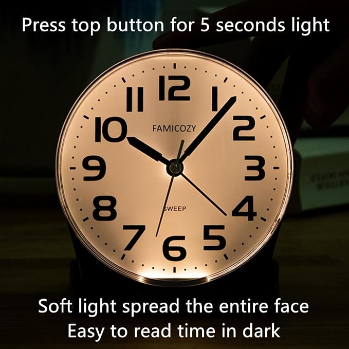 FAMICOZY 4.5" No Ticking Analog Alarm Clock,Silent Readable for Seniors,Easy to Set,Gradual Rise Alarm,Big Numbers,On/Off Switch on Side,Gentle Wake,Snooze Soft Backlight,Battery Operated,Black