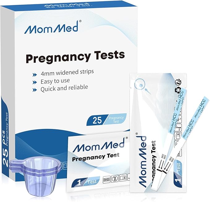 MomMed Pregnancy Test, 25 HCG Pregnancy Test Strips for Early Detection, Over 99% Accurate, 25 Free Urine Cups, Bulk Pregnancy Tests for Home Use, Pruebas de Embarazo