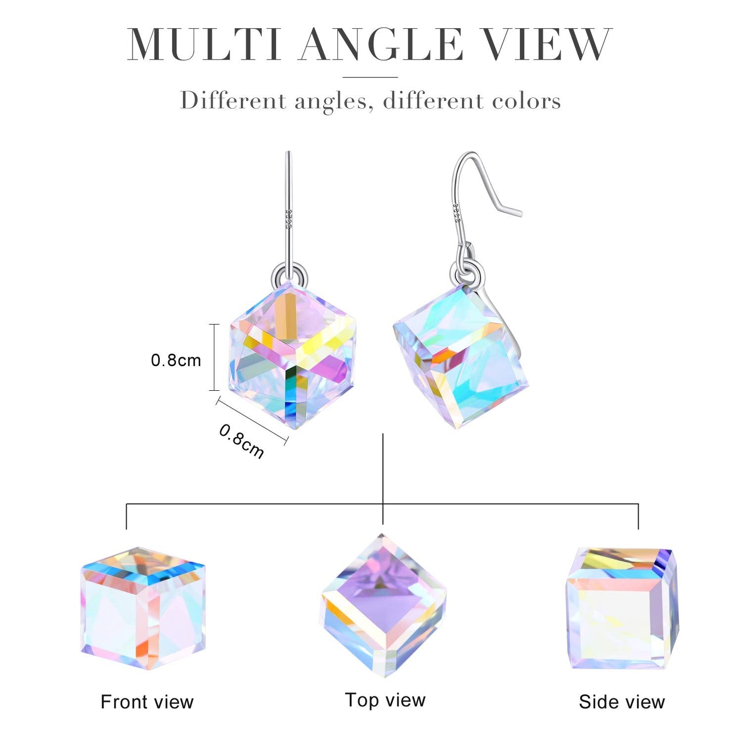 PLATO H S925 Sterling Silver Aurora Cube Earrings Crystals for Women with Exquisite Unique Gift Box Dainty Jewelry for Anniversary Valentine's Mother's Day