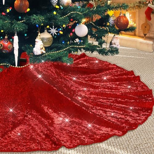 Poise3EHome Red Christmas Tree Skirt, 36 Inch Sequin Tree Skirt
