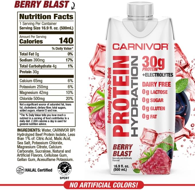 MuscleMeds Carnivor Protein Hydration RTD, Refreshing Ready to Drink, 30 g Isolate Protein, Lactose Free, Sugar Free, Electrolytes, Muscle Building, Recovery, Halal Certified, Berry Blast, 16.9 Fl Oz