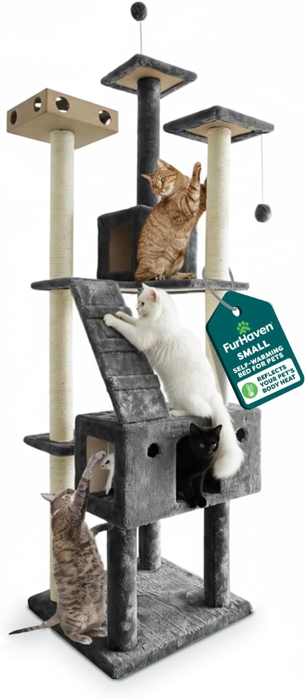Furhaven 15.75" Tall Playground for Indoor Cats, Ft. Sisal Scratching Posts, Self-Grooming Brush, & Toy - Tiger Tough Hammock Interactive Playground - Silver, One Size