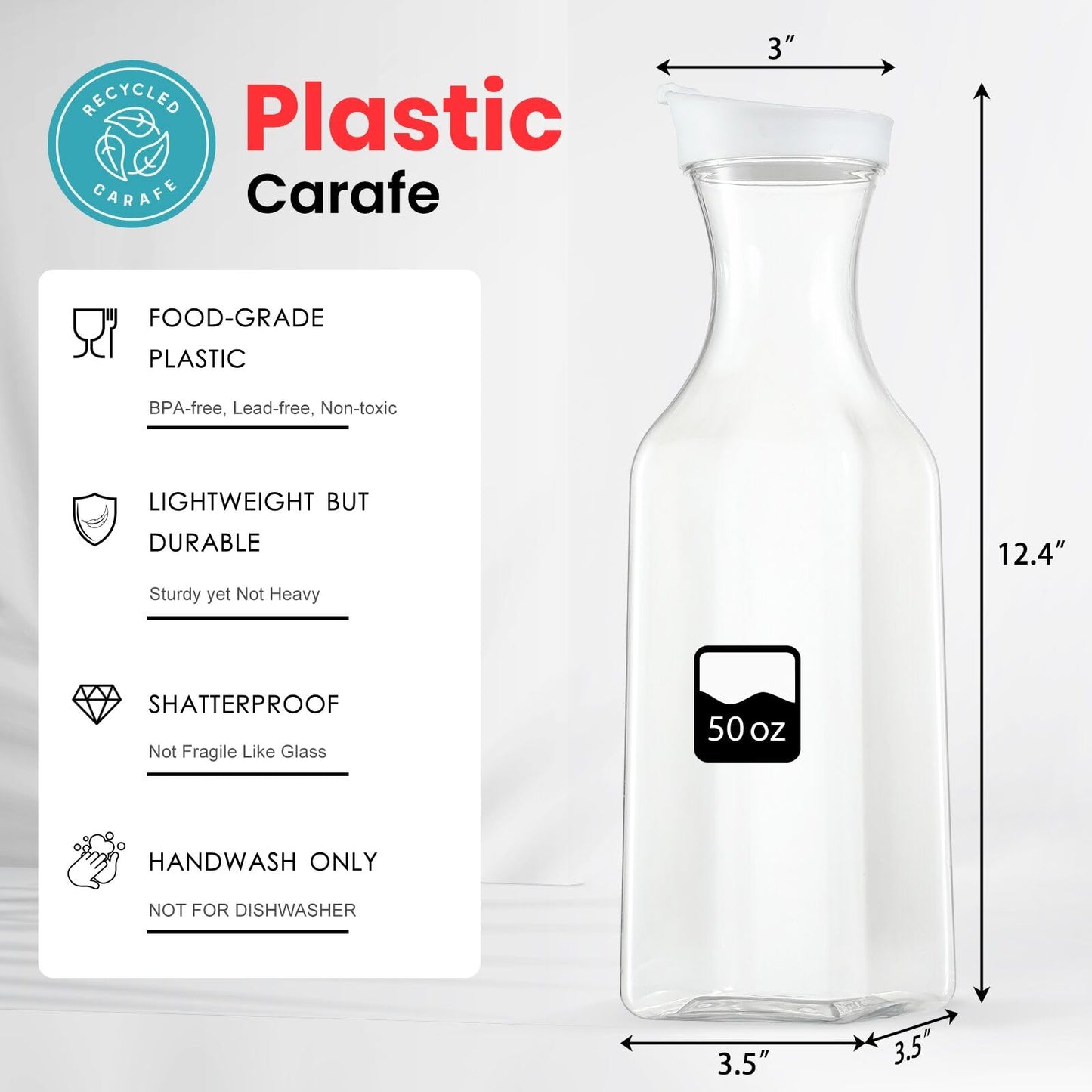 Plastic 50 Oz Water Carafe with Flip Top Lid, Set of 6 Square Base Clear Plastic Juice Container Pitcher - for Water, Iced Tea, Juice, Beverage, Lemonade, Milk and Mimosa Bar - HAND WASH ONLY