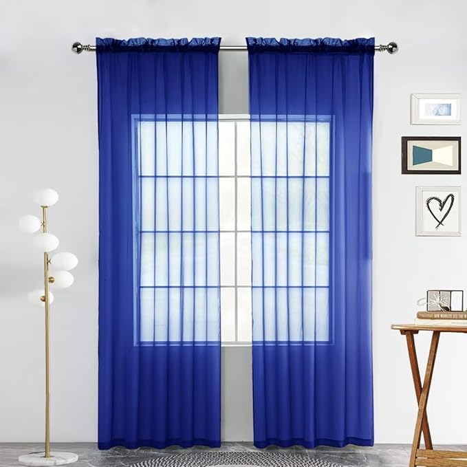 SpaceDresser Sheer Voile Window Treatment Rod Pocket Curtain Panels for Kitchen Bedroom Living Room Drapes Sunlight Filtering Privacy Semi Home Decor Assorted Colors Sizes (Sapphire, 52 W x 63 L)