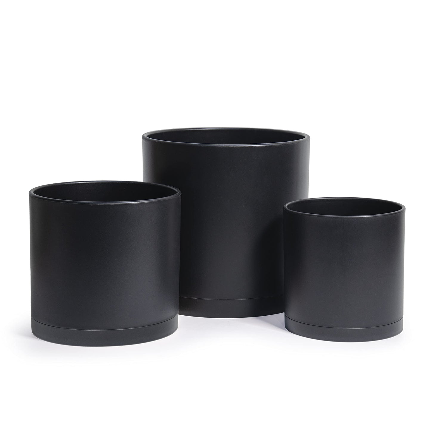 D'vine Dev 6.5 Inch 8 Inch 10 Inch, Set of 3 Plastic Planter Pots for Plants with Drainage Hole and Seamless Saucers, Black Color, Large, 74-V-B-4